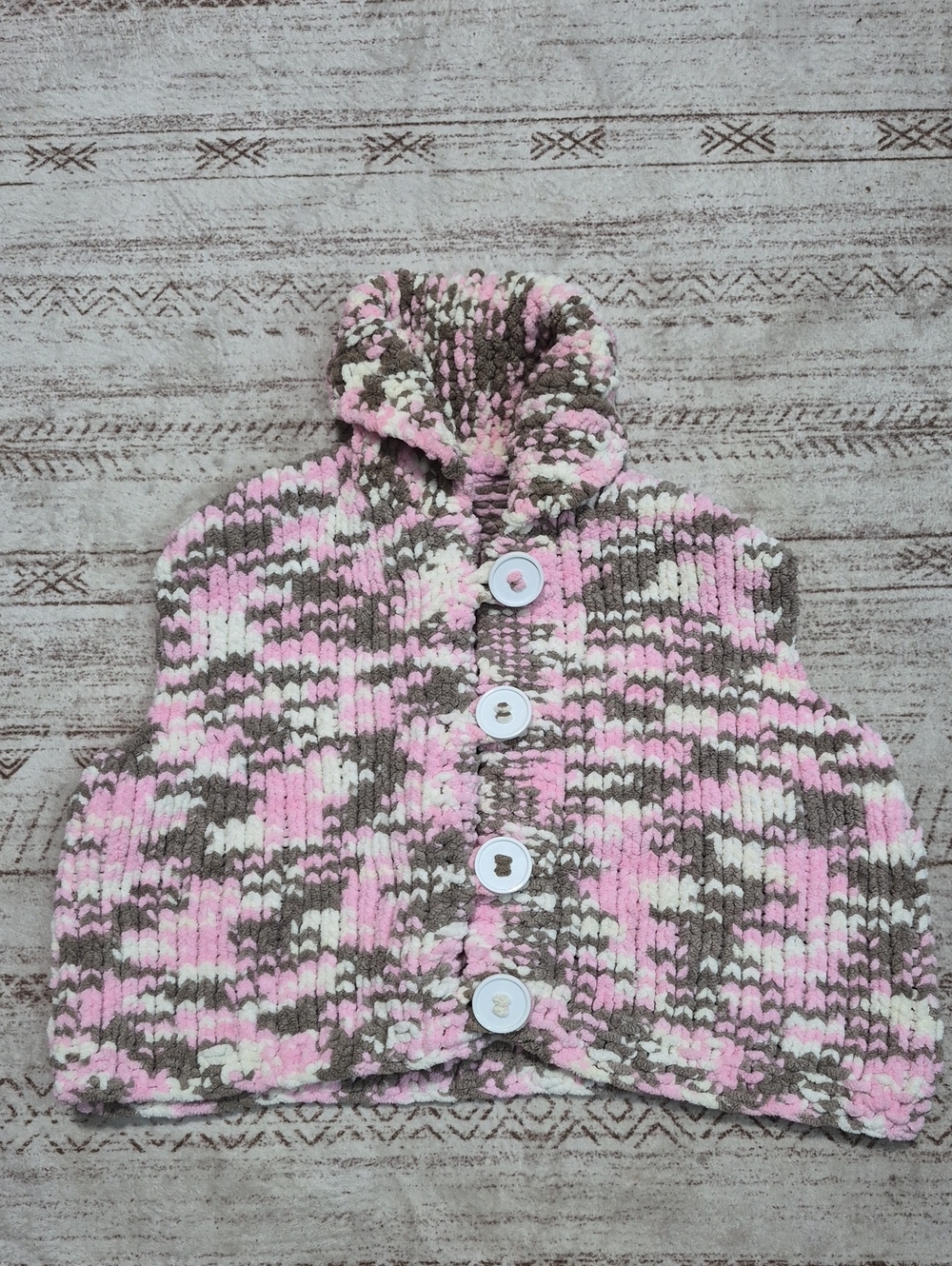 Knit Hooded Button Vest in Pink, Brown & Cream